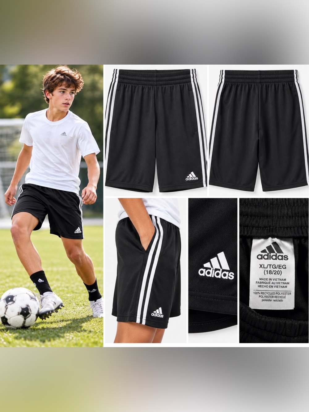adidas Black Athletic Shorts with White 3-Stripe Trim